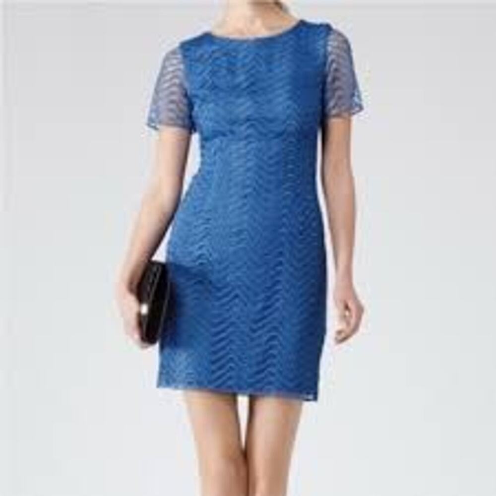 Reiss Cobalt Blue Scoop Neck "Weaved" Texture Short Sleeve Cocktail Dress sz 6